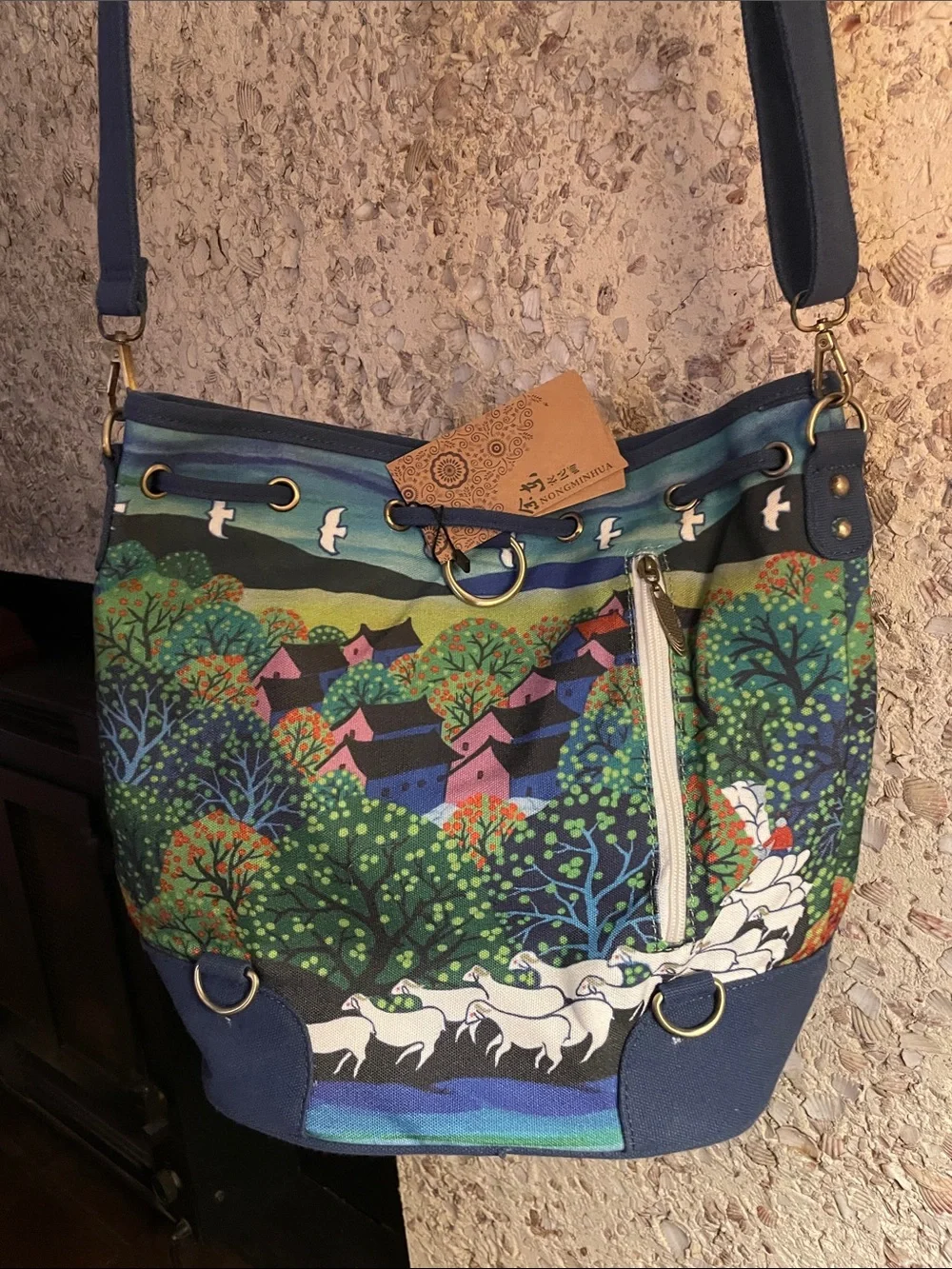 Scenic Canvas Shoulder Bag with Blue and Green Print